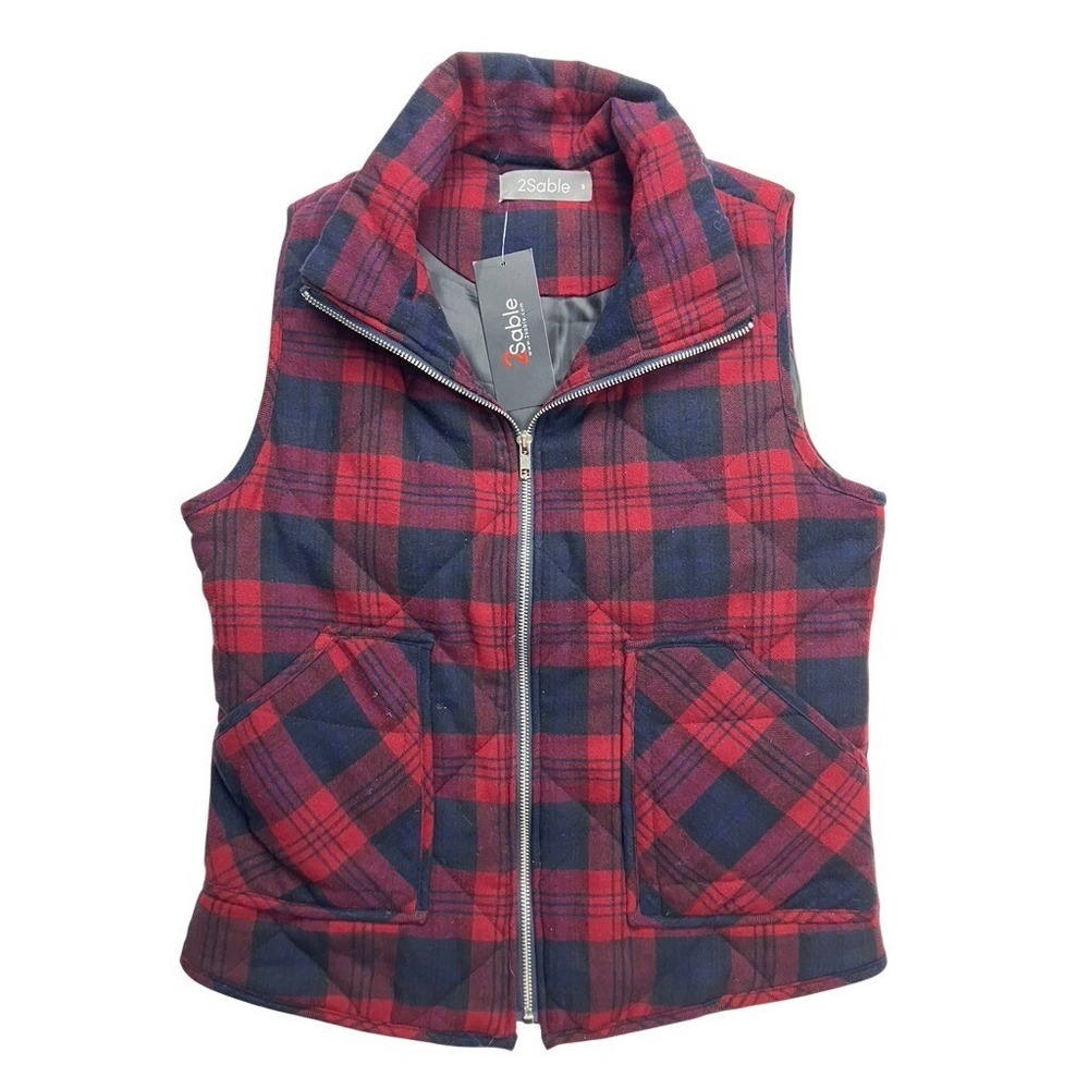 2Sable‎ Red Plaid Quilted Zip Up Vest Women Size S Chico Cotton New